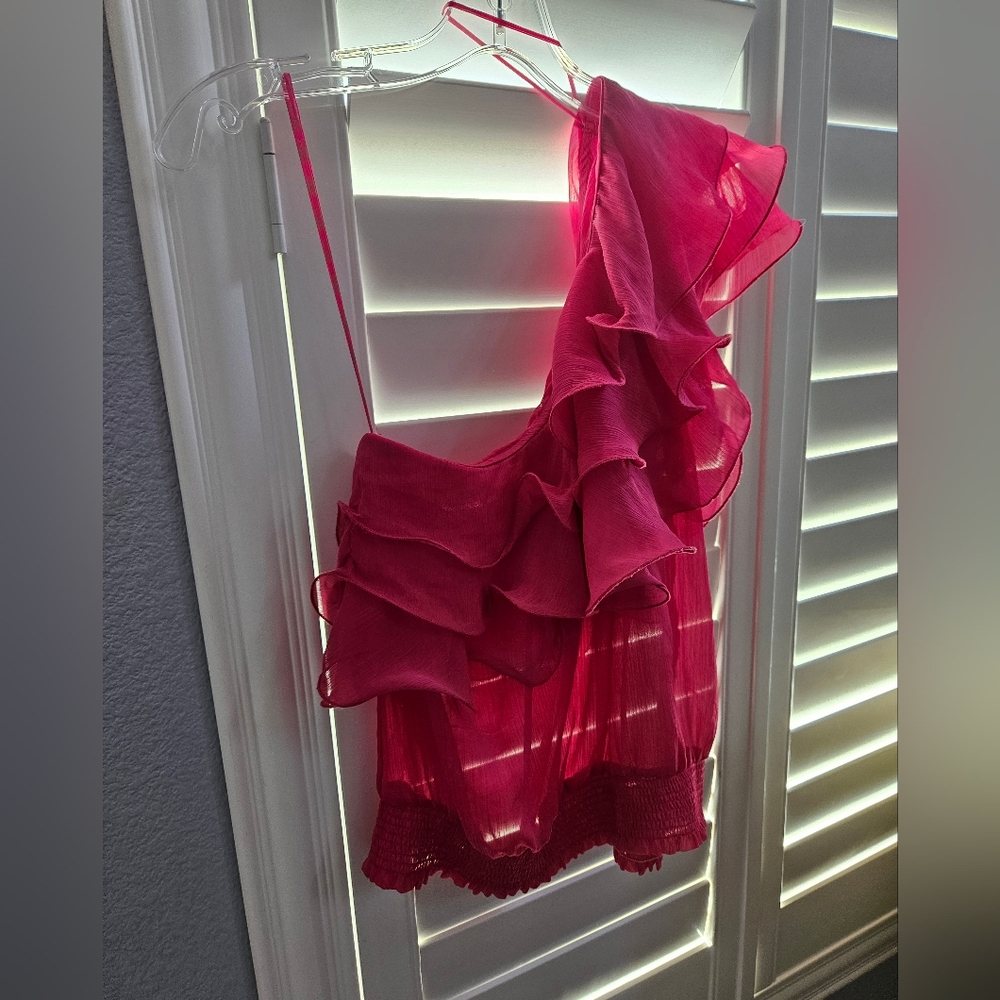 Pink Ruffled One-Shoulder Top Size L - Picture 13 of 14
